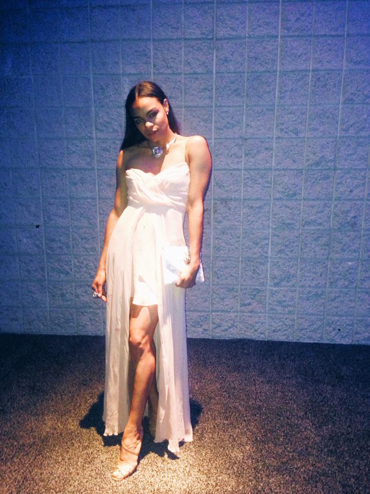 wearing: nicole miller gown, manolo blahnik shoes, custom clutch, and jewelry by norberto aquino.