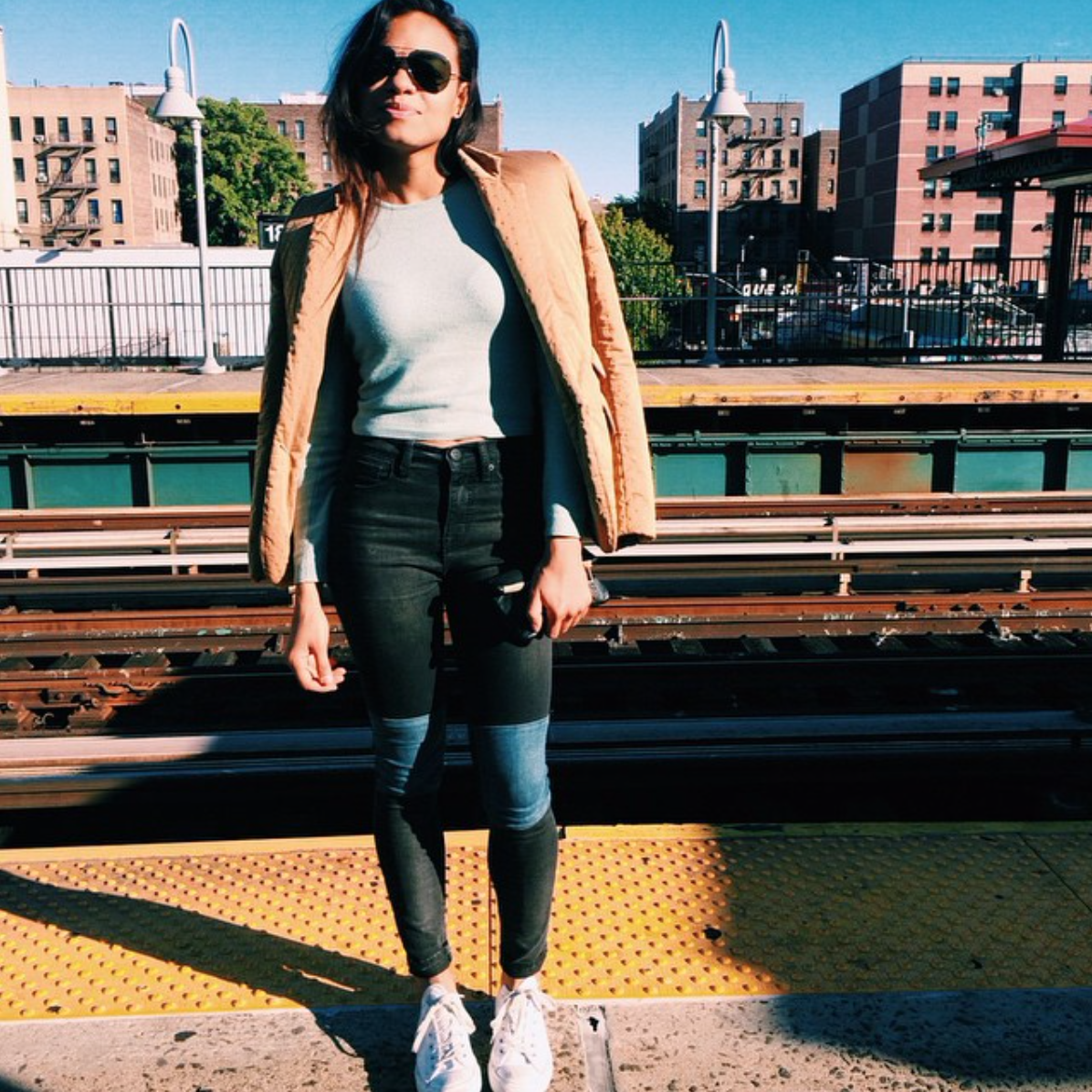 wearing: BDG Jeans, Chuck Taylor shoes, vintage cashmere crop sweater, Tia Cibani blazer, Ray-Ban shades