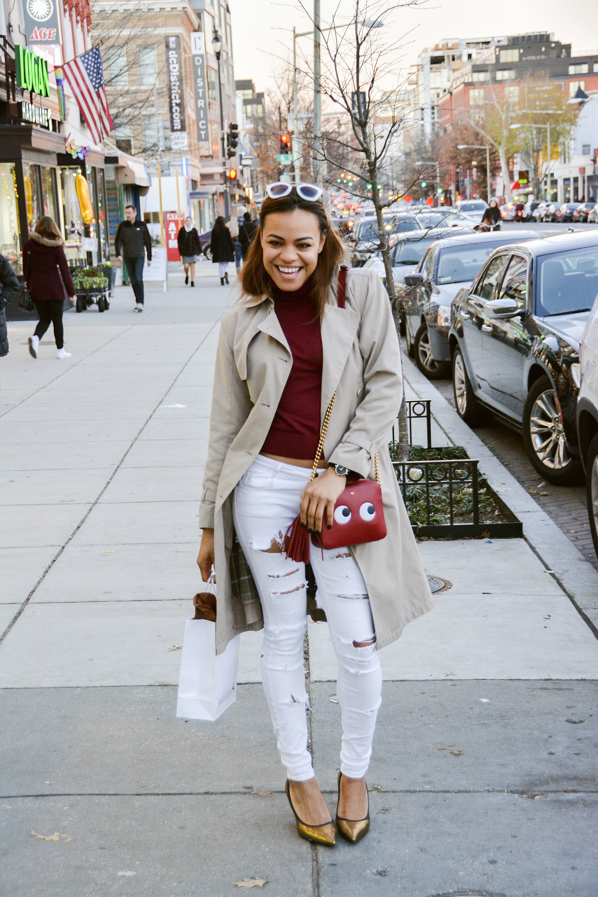 wearing: ZARA jeans, Giuseppe Zanotti shoes, ZARA turtleneck,&nbsp;Anya Hindmarch crossbody bag, Gucci watch, Prada sunnies, shopping bag from Redeem.