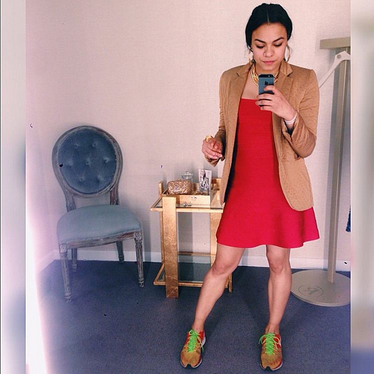 Herve and sneakers again. This was Valentines Day 2015. Since I was wearing it to work, I went with an Herve with a skirt instead of the body-con usual.&nbsp;