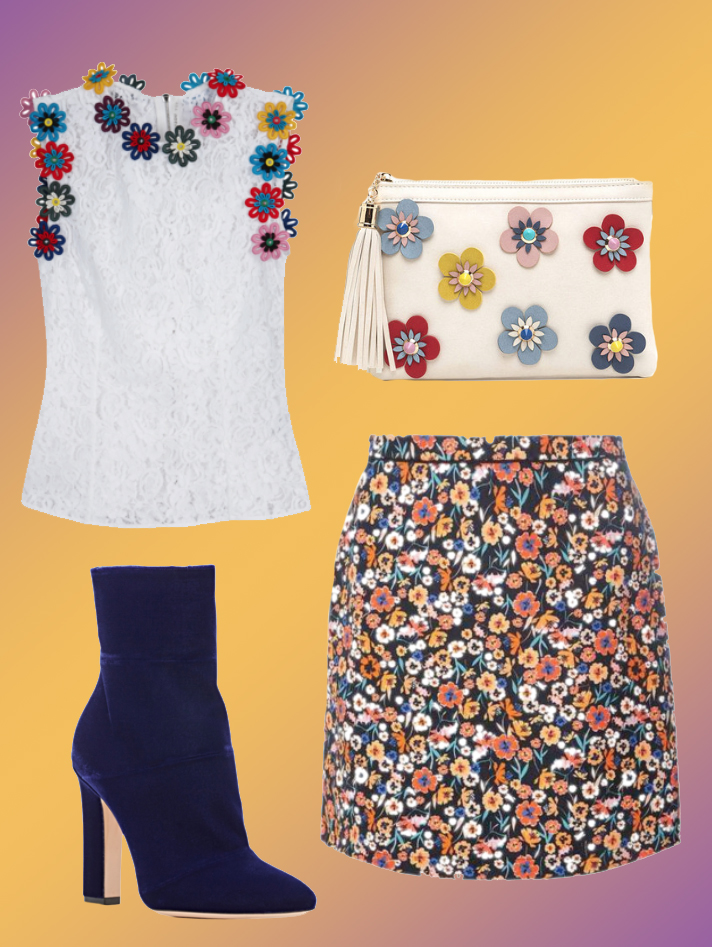Top:&nbsp;Mary Katrantzou, Skirt: Dorothy Perkins Shoes:&nbsp;Gianvito Rossi, Bag: Go Jane