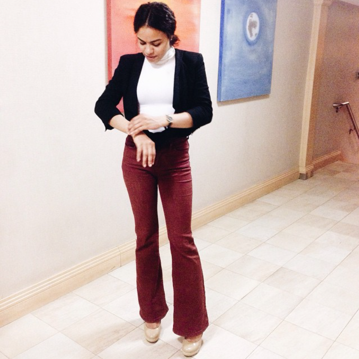 wearing: Urban Outfitters bell bottom jeans. American Apparel turtleneck, French Connection blazer, Betsy Johnson shoes, vintage Gucci watch