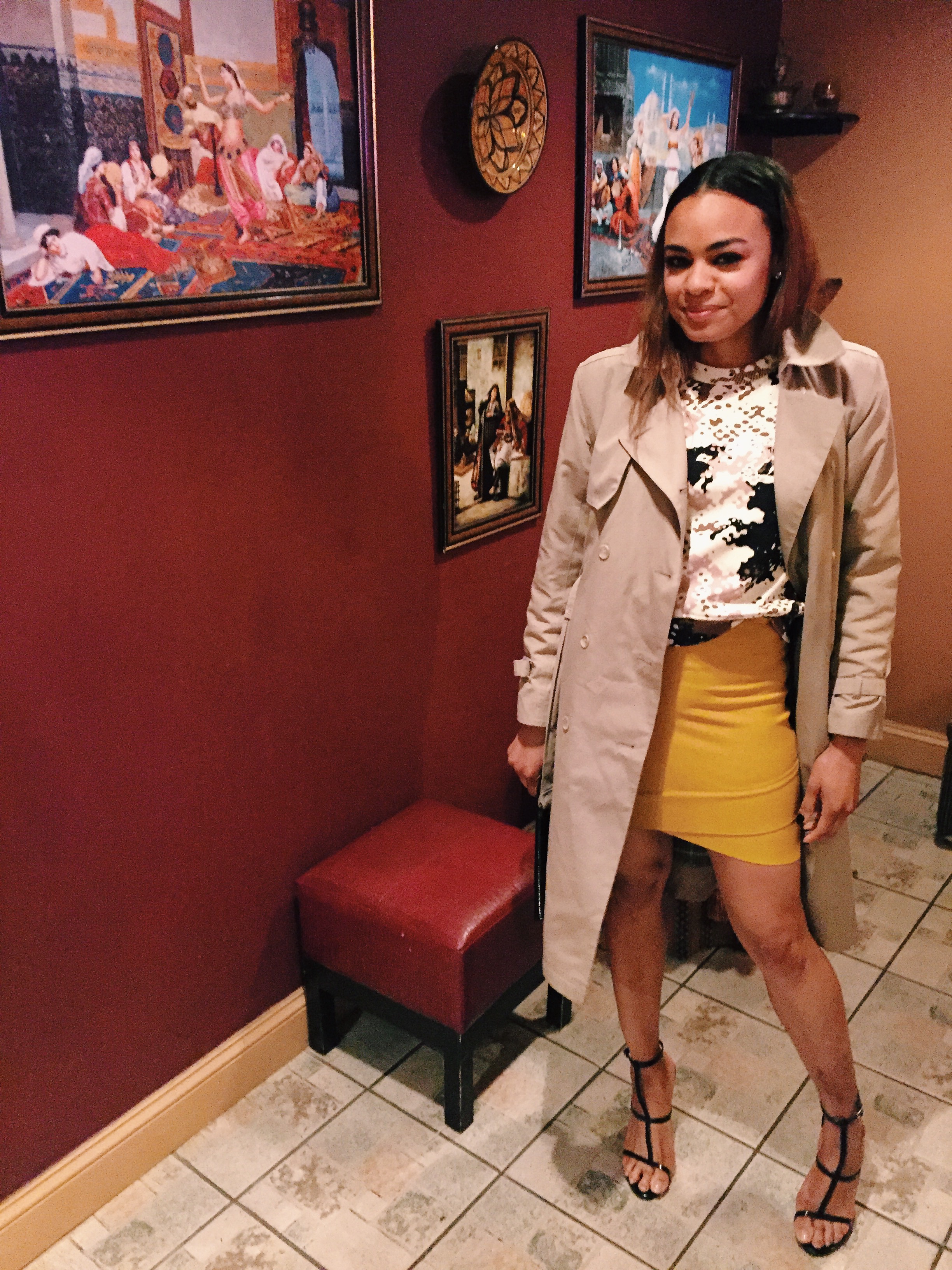 wearing: skirt by BCBG Max Azria, Forever21 shoes, Rag &amp; Bone top, London Fog trench