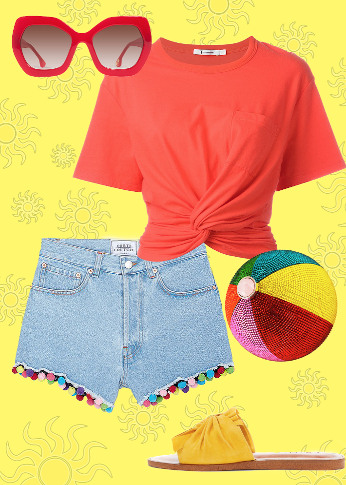 Top: T by Alexander Wang, shorts: Lane Crawford, shoes: 1. State, Sunnies: Alice + Olivia, Beach Ball bag: Judith Leiber