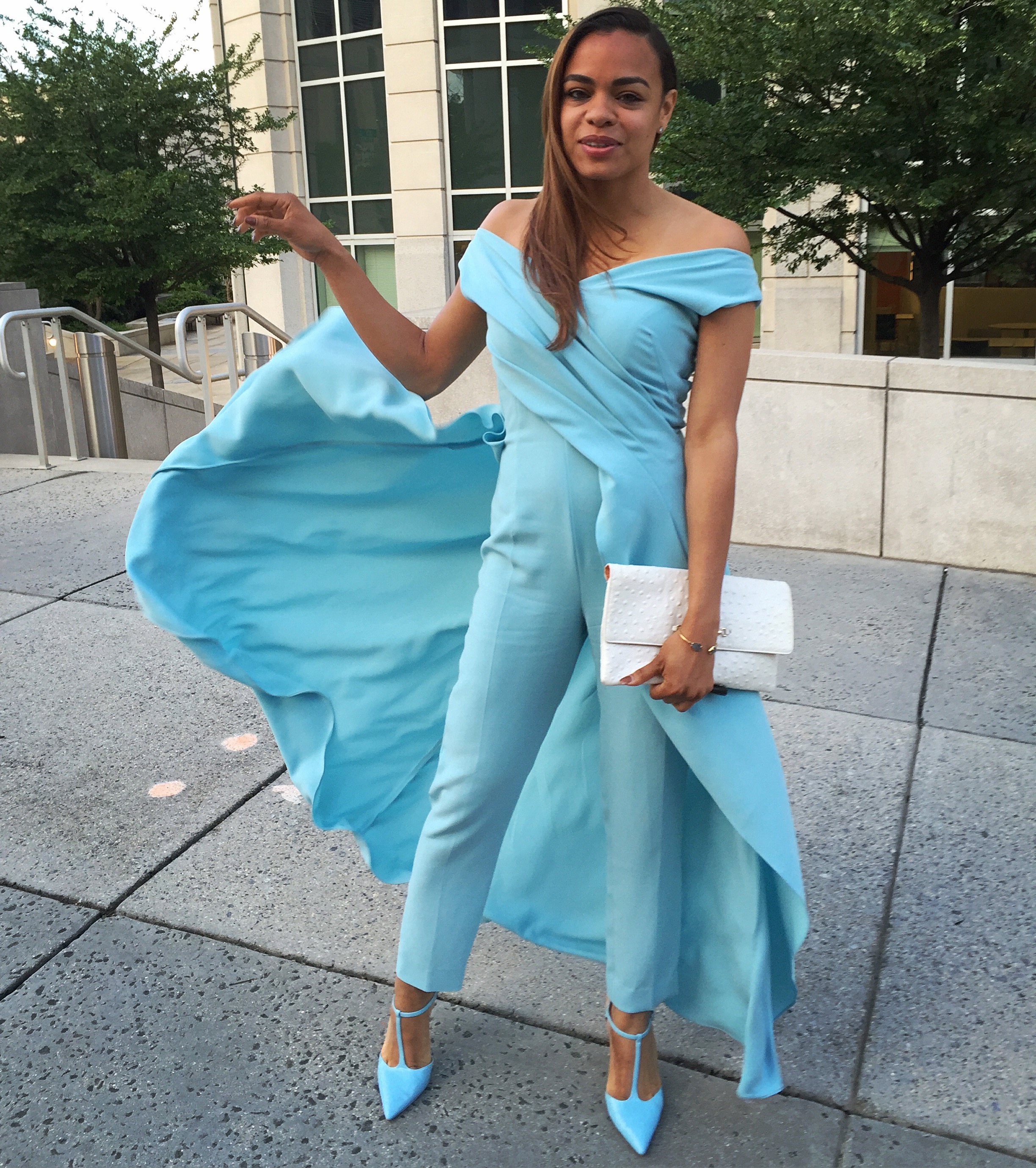 wearing: Escada jumpsuit, Zara shoes, vintage leather clutch