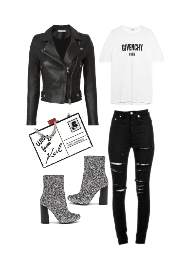 Jeans: Saint Laurent, Top: Givency, Clutch:&nbsp;Karl Lagerfeld, Jacket: IRO, Boots: Jeffery Campbell