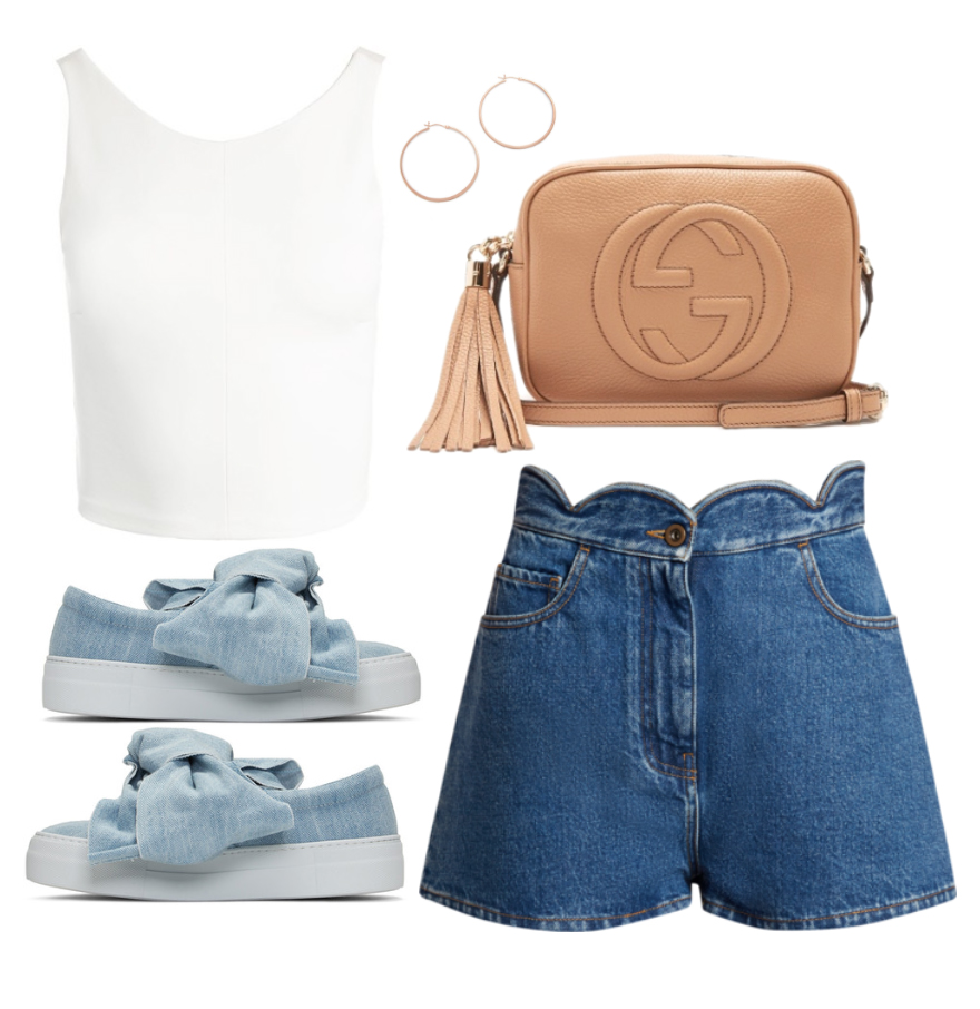 Top: Sans Sasouci,&nbsp;Shorts: Valentino, Shoes: Joshua Sanders, Bag: Gucci, Earrings: Jennifer Zeuner