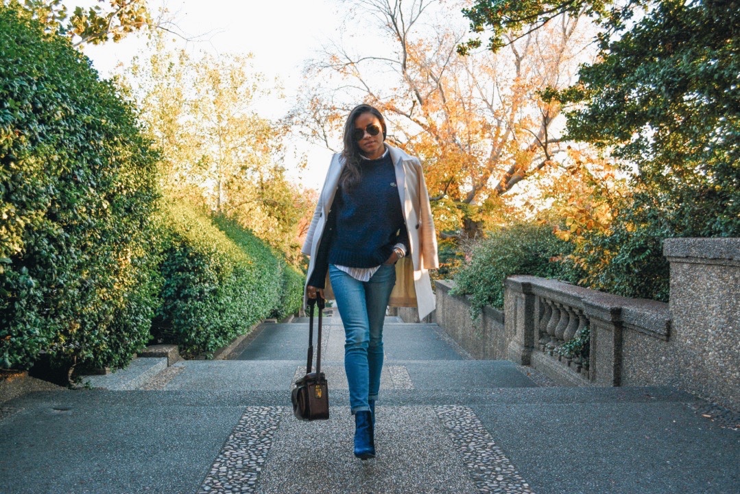 wearing: IZOD by Lacoste sweater, J.Crew button down, Rich &amp; Skinny jeans, Velvet Kimchi Blue for Urban Outfitters boots, Club Monaco coat, Ray Ban sunglasses, vintage camera bag.