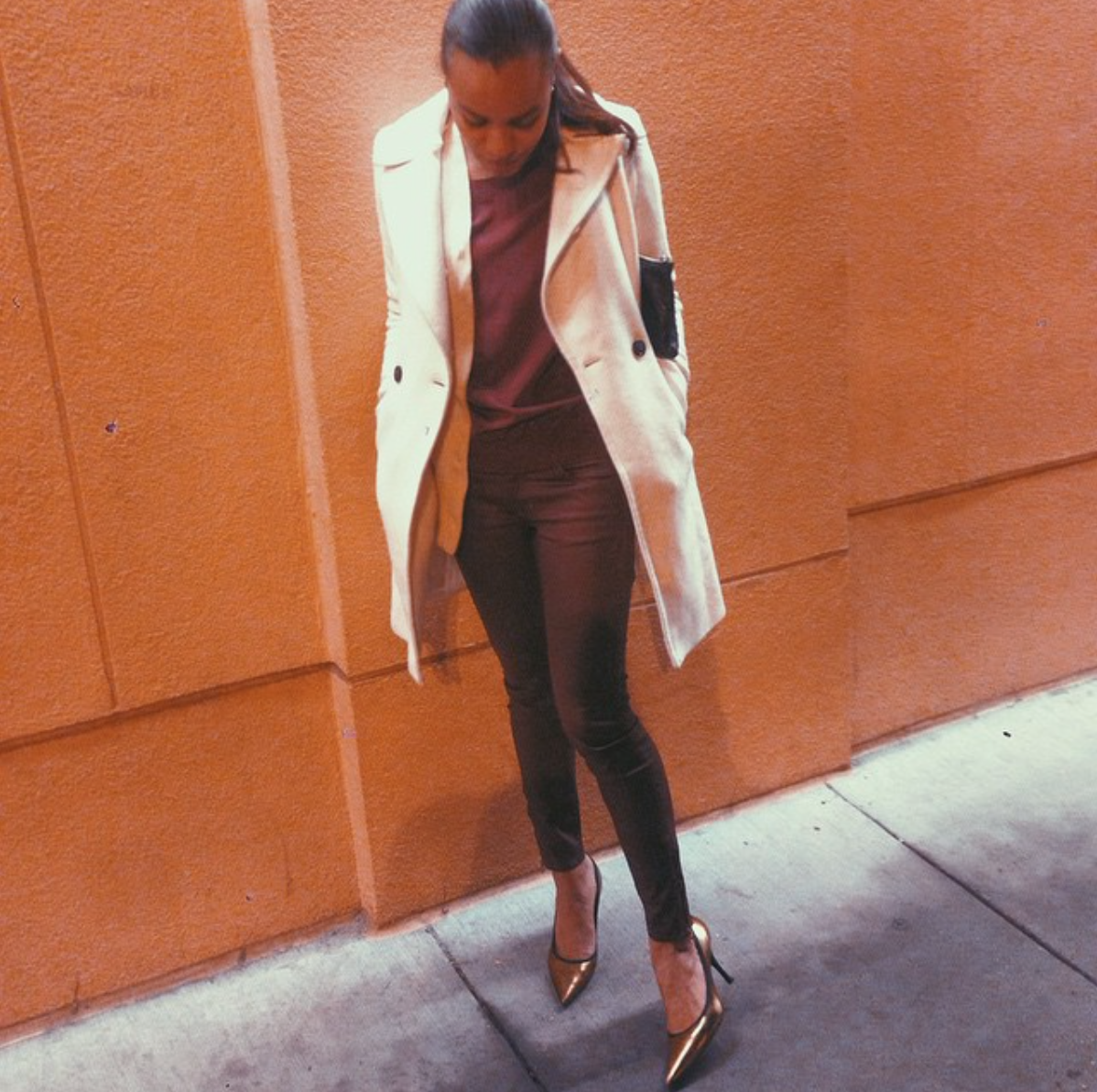 wearing: Aritzia top, H&amp;M pants, Giuseppe Zanotti shoes, Club Monaco coat, vintage cashmere cardigan, American Apparel clutch