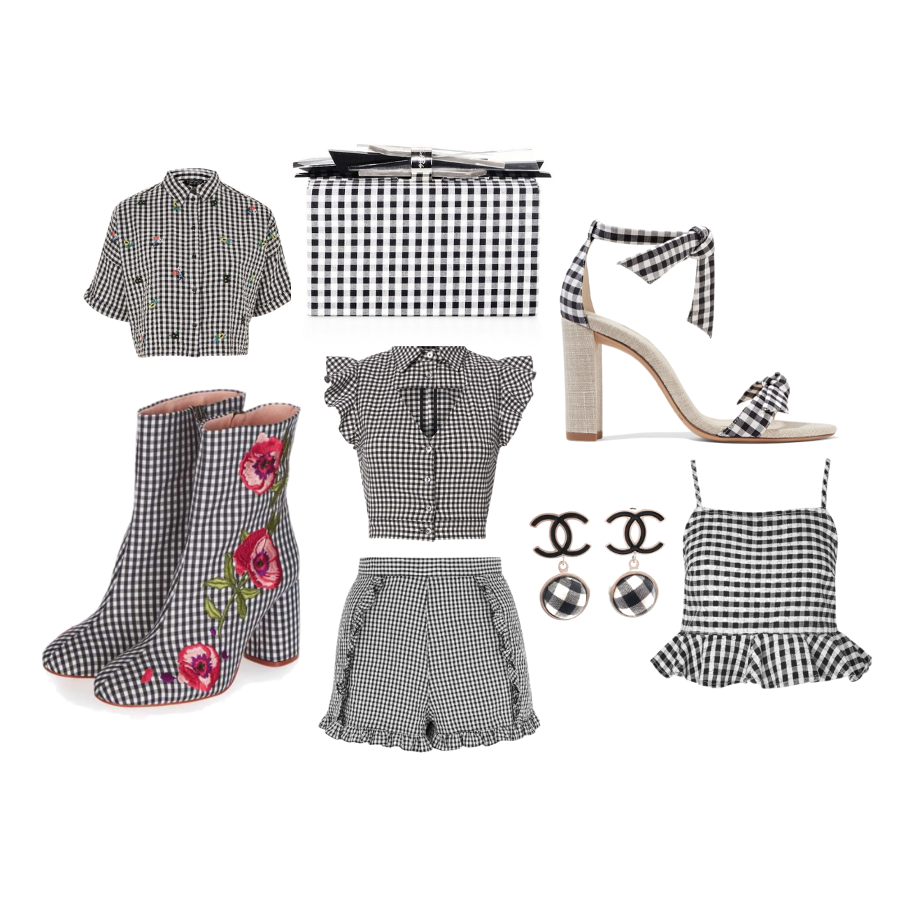 Embroidered Top: Topshop,&nbsp;Booties: Topshop, Shoes: Net-a-Porter, Earrings: Chanel, Ruffled top: Intermix, Shorts: Topshop,&nbsp;Clutch: Saks Fifth Ave, Crop top: Topshop