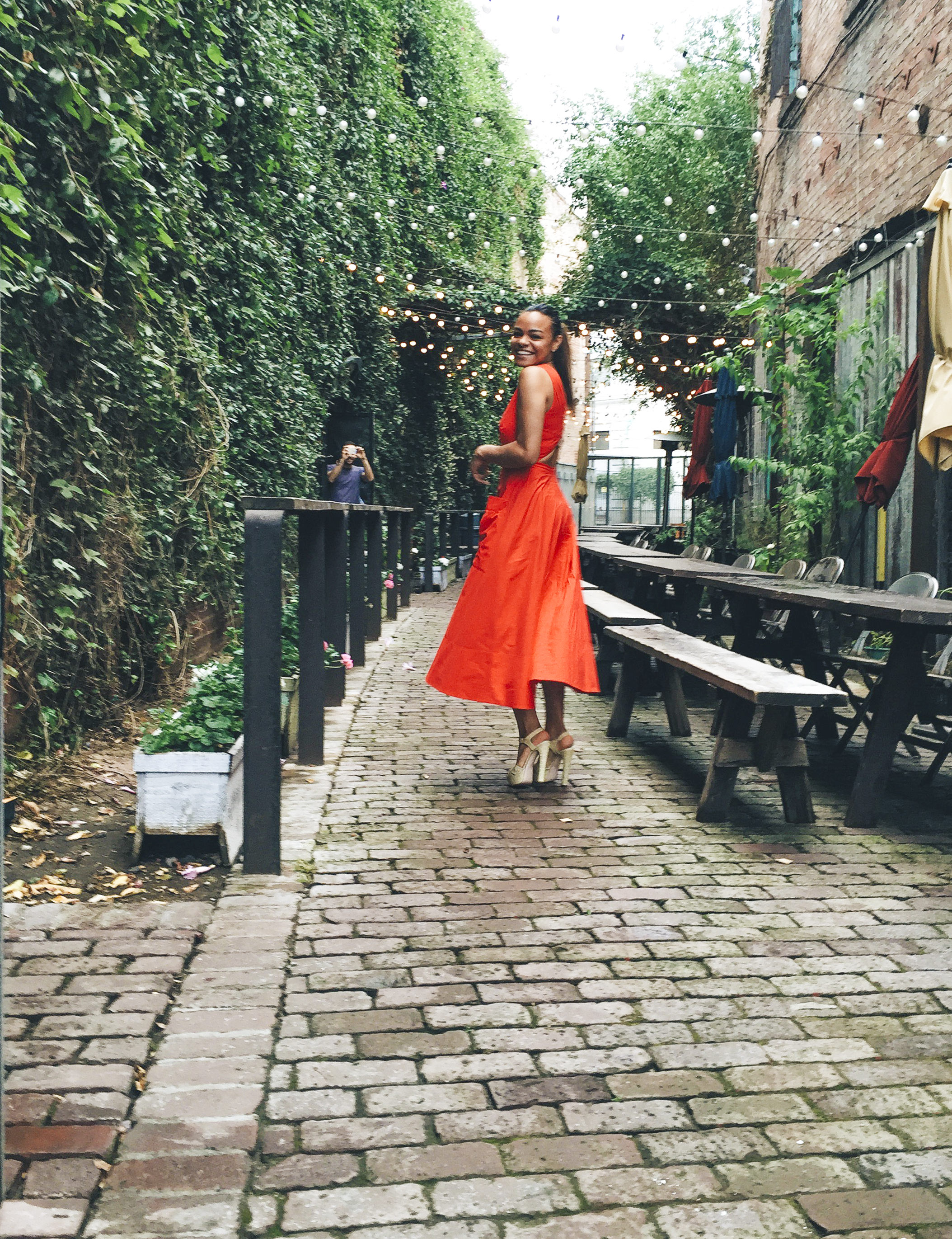 wearing: Saloni dress, RED Valentino shoes