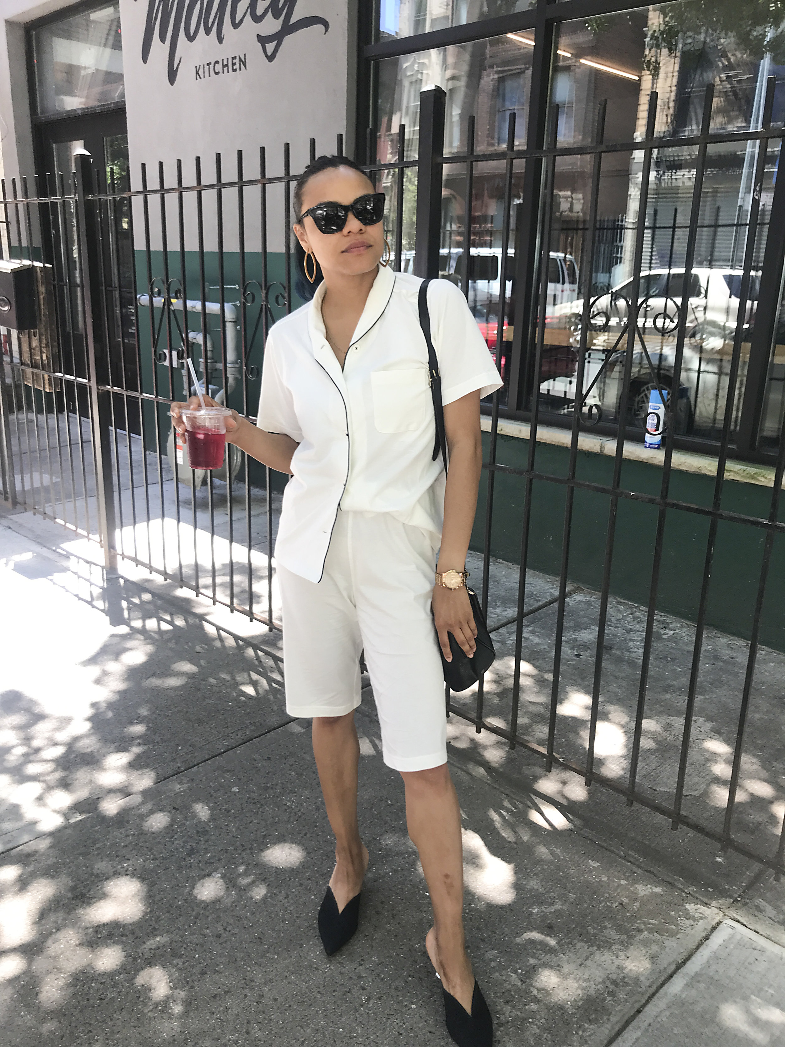 Pajama Set: Muji. Shoes: Attico. Bag: vintage Mark Cross.