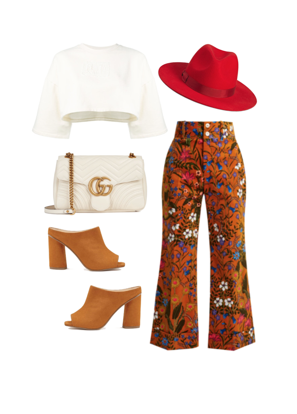 Top: Fenty, Pants: Gucci, Bag: Gucci , Hat: Lack of Color, Shoes; Miss Selfridge